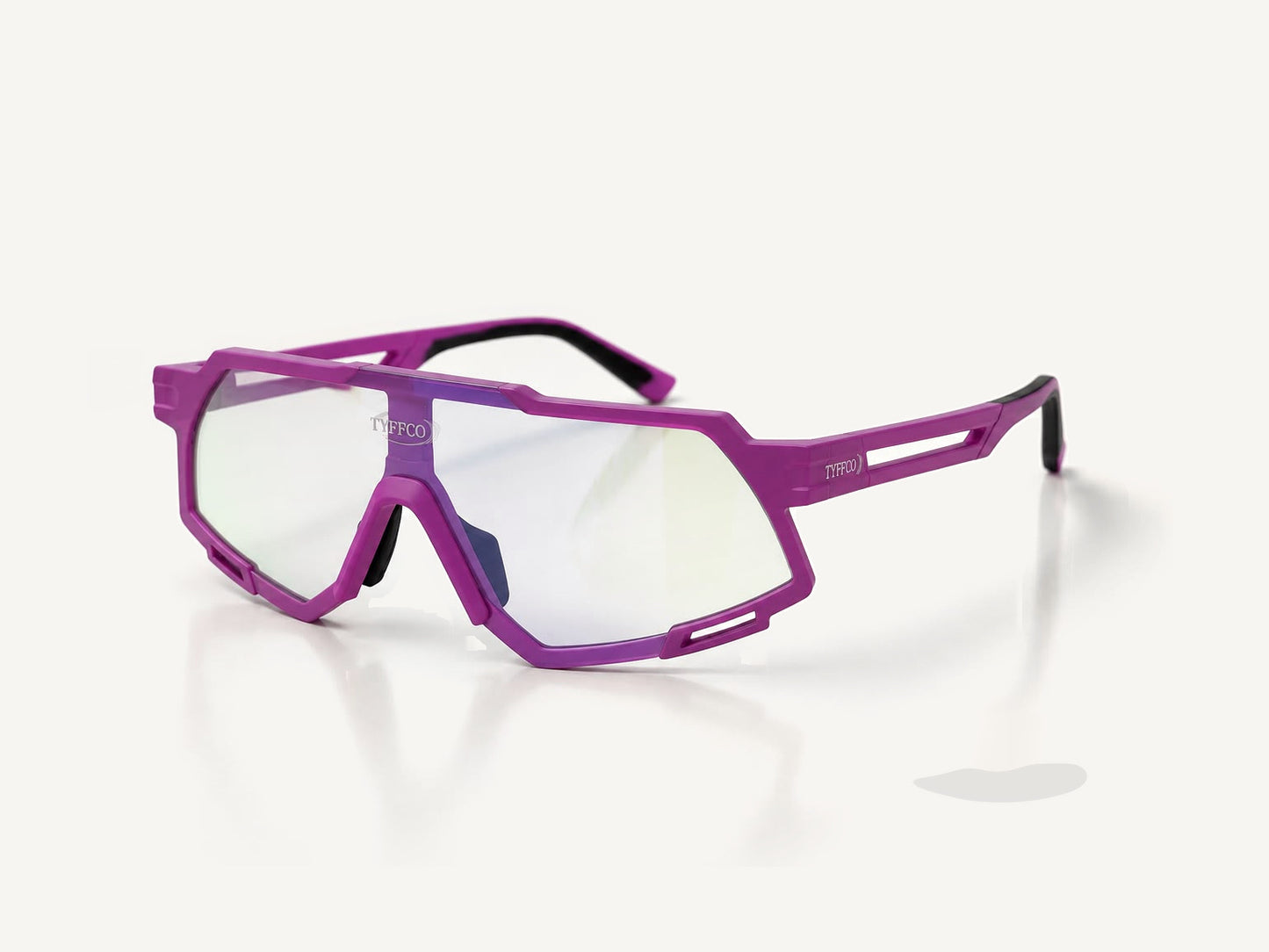 Tyffco Aero sunglasses in Violet, studio on off-white background.