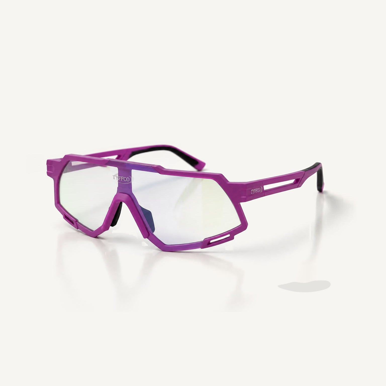 Tyffco Aero sunglasses in Violet, three-quarter view, studio on off-white background.