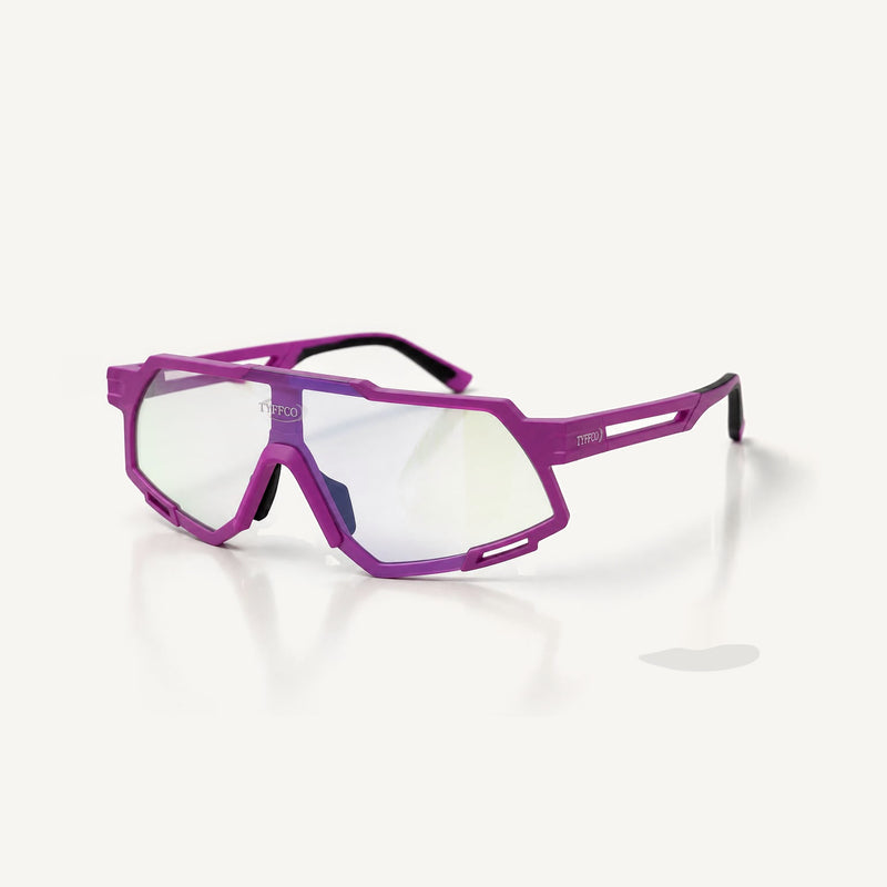 Tyffco Aero sunglasses in Violet, three-quarter view, studio on off-white background.