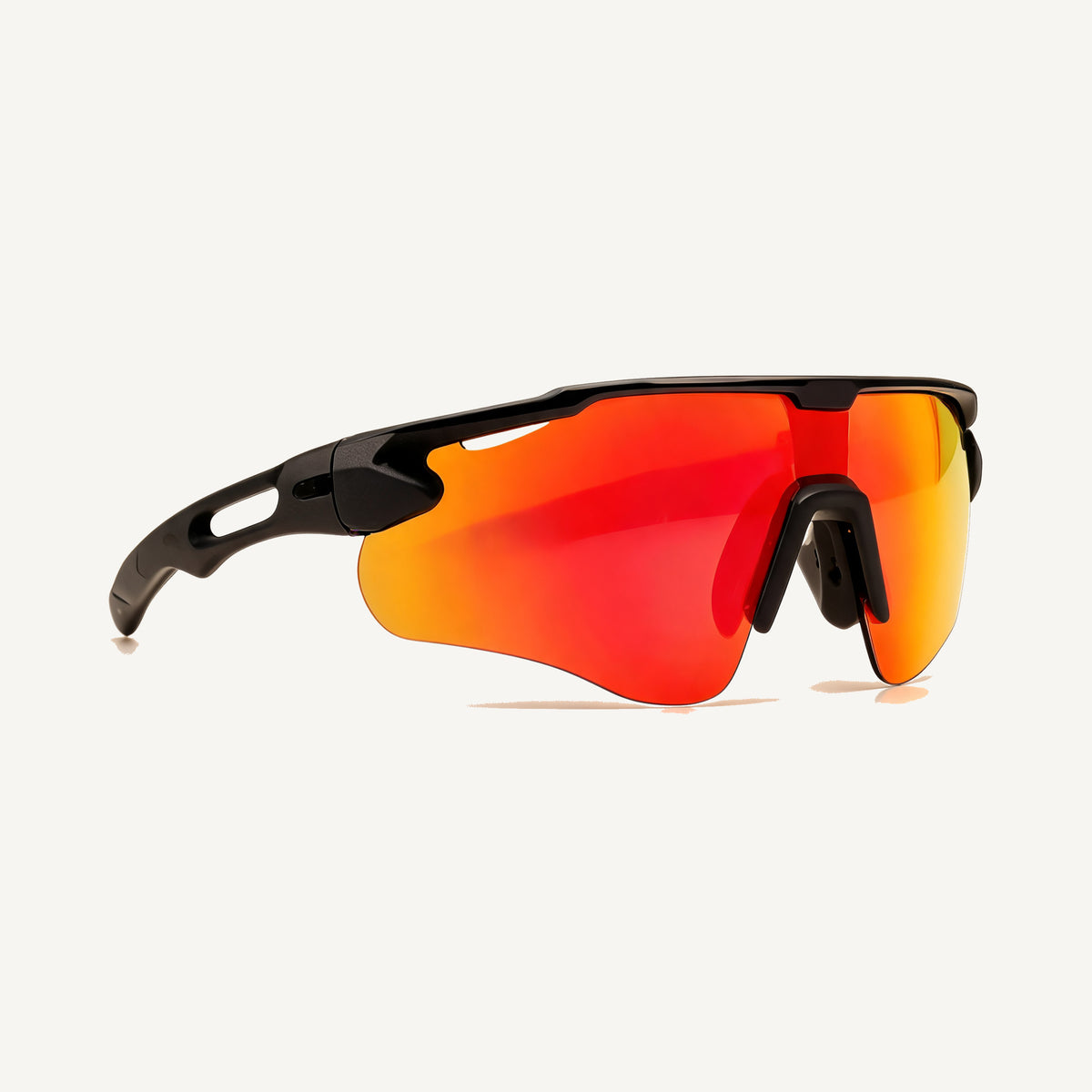 Tyffco Apex sunglasses, close-up on the hinge and temple, studio on off-white background.