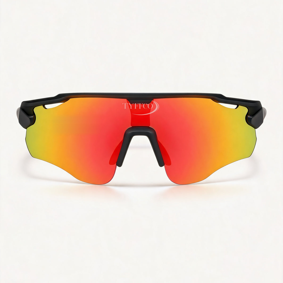 Tyffco Apex orange sunglasses, front view, studio on off-white background.