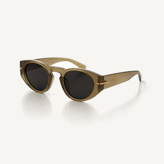 Tyffco Chloe sunglasses in Smoke, three-quarter view, studio on off-white background.