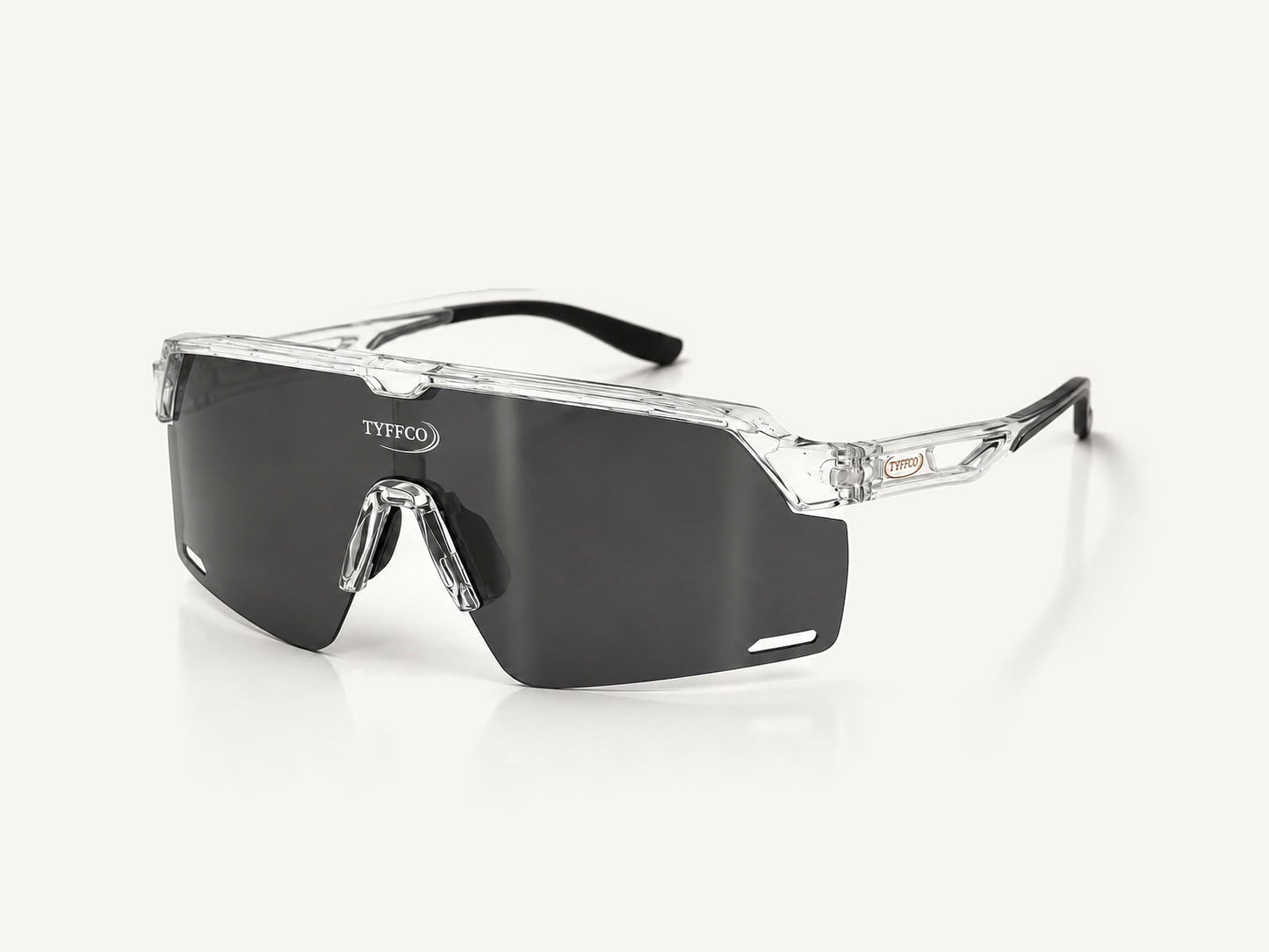 Tyffco Drive sunglasses in Crystal, studio on off-white background.