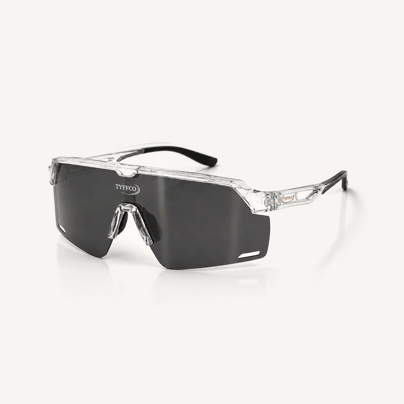 Tyffco Drive sunglasses in Crystal, three-quarter view, studio on off-white background.