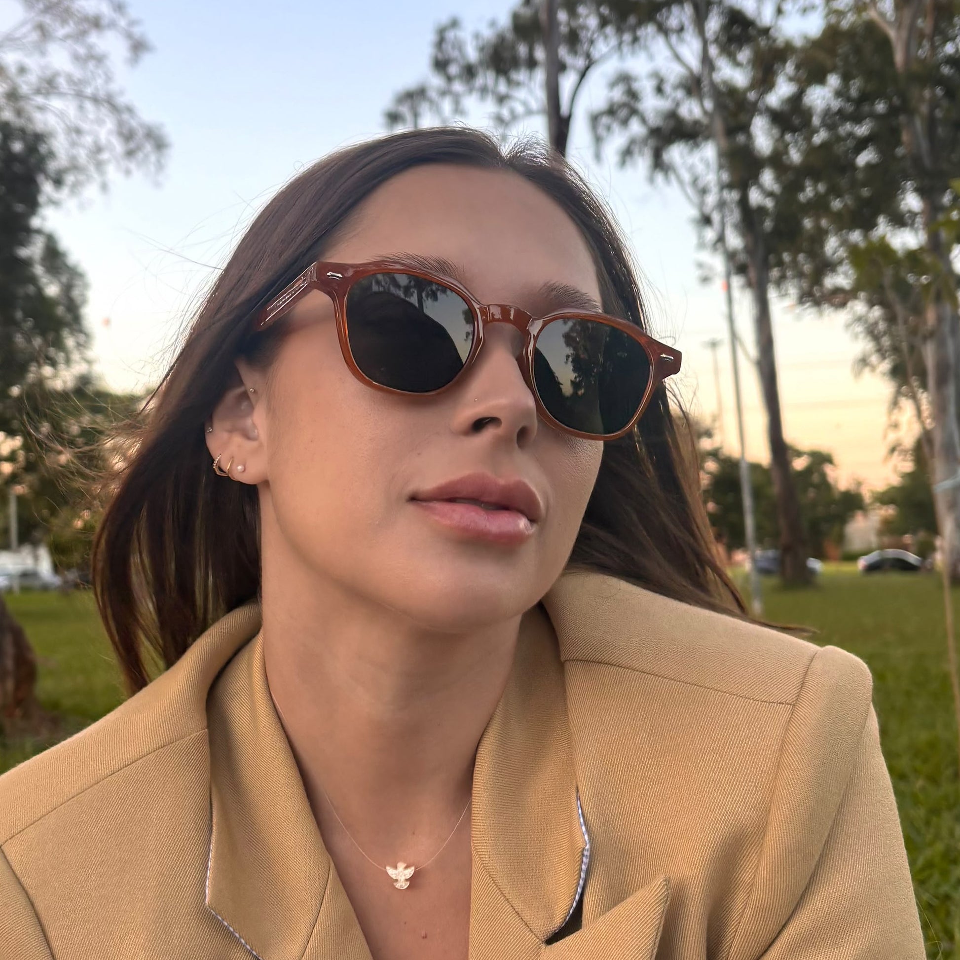Model wearing Tyffco Mônaco sunglasses in Brown, front view on-face, in a park at golden hour.