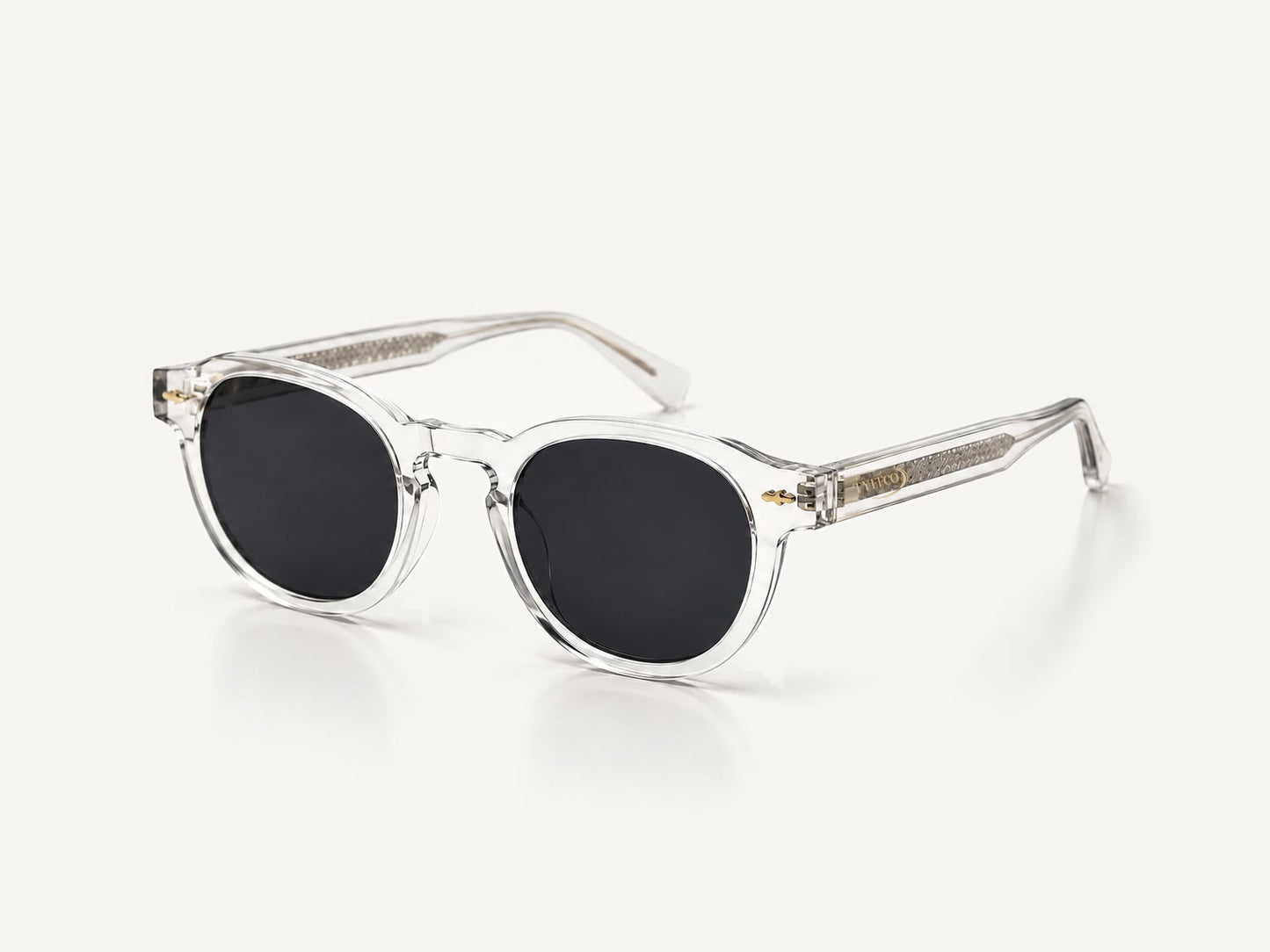Tyffco Mônaco sunglasses in Crystal, studio on off-white background.
