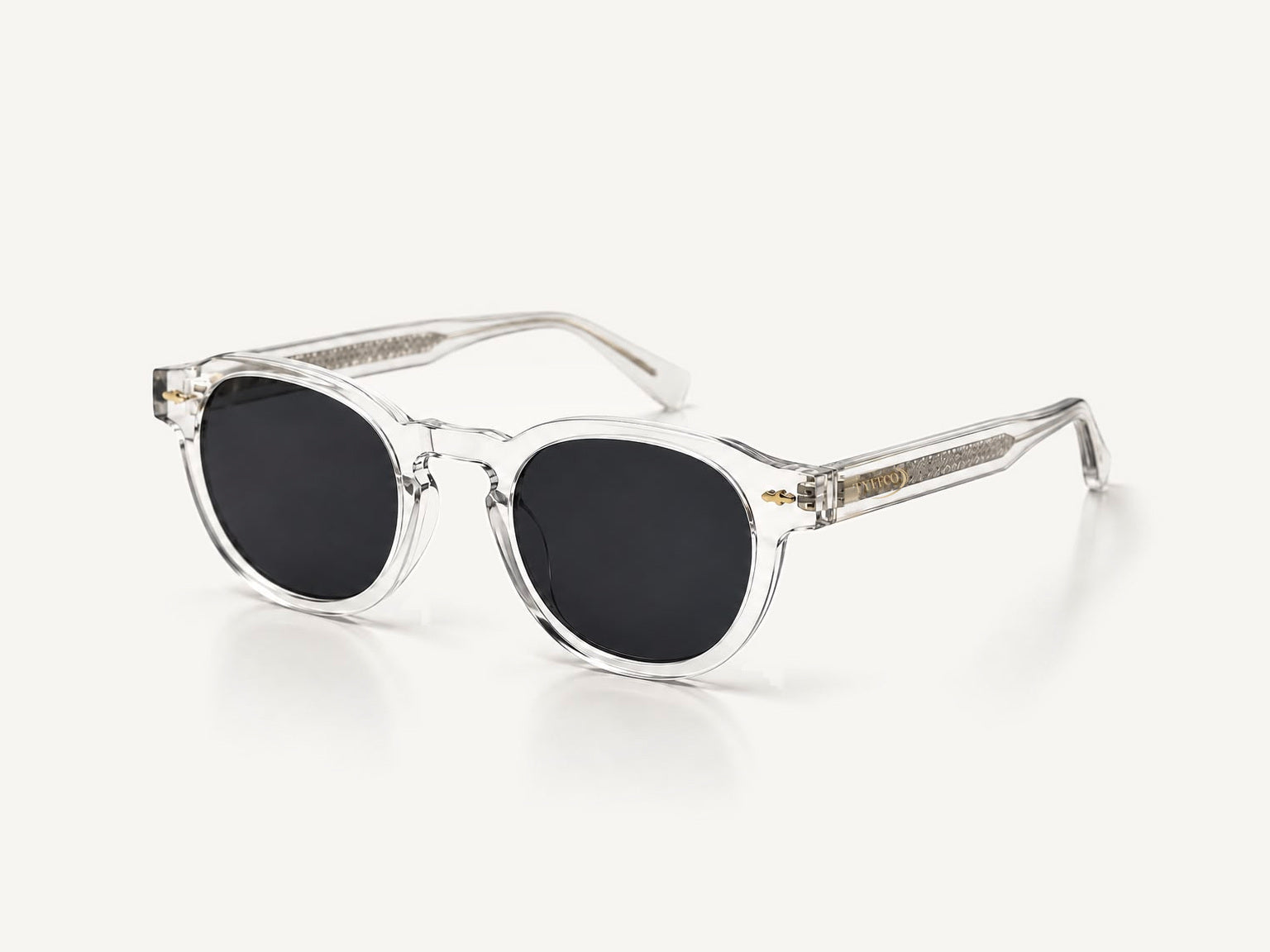 Tyffco Mônaco sunglasses in Crystal, studio on off-white background.