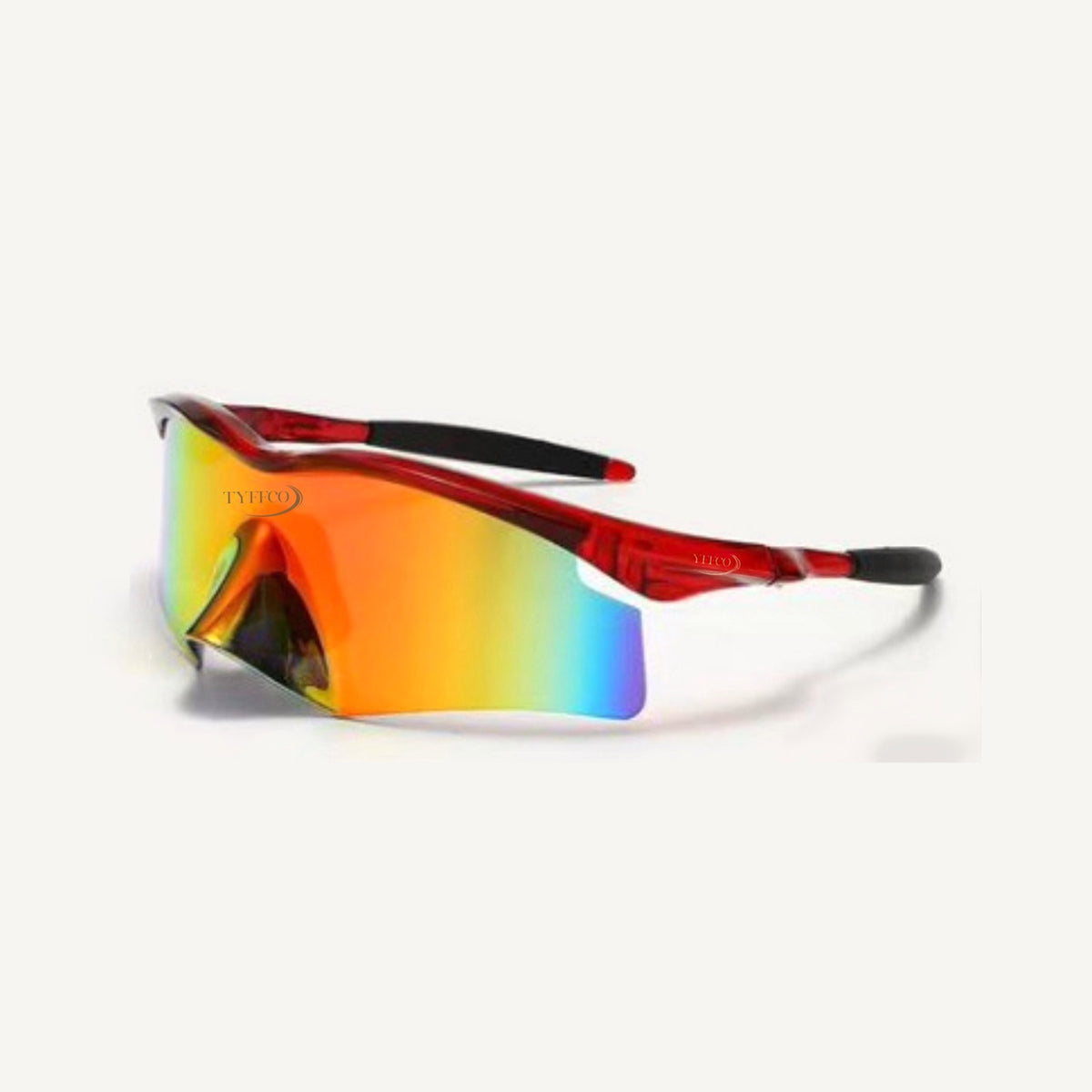 Tyffco Pace red sunglasses, three-quarter view, studio on off-white background.