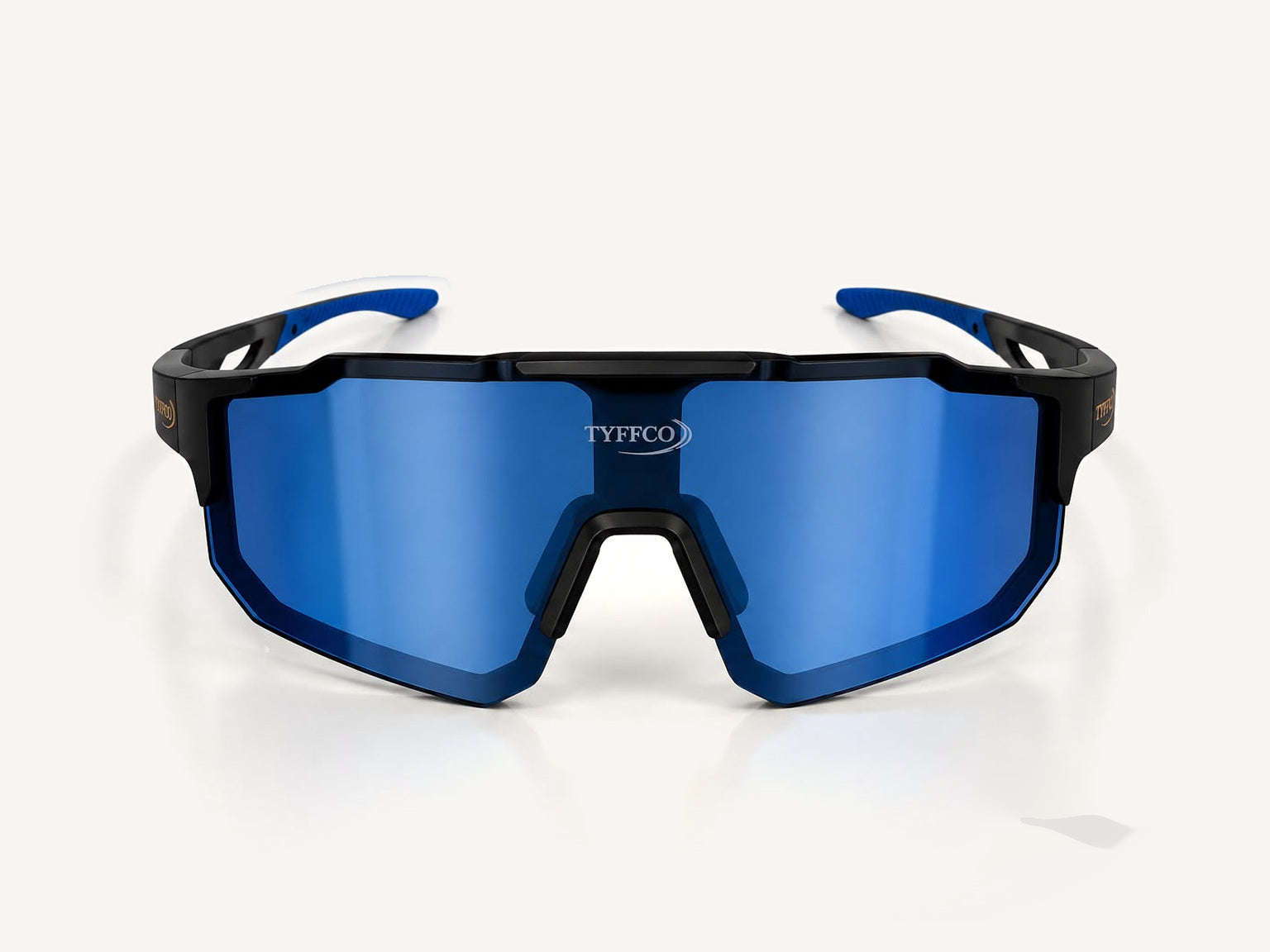 Tyffco Racer sunglasses in Blue, studio on off-white background.
