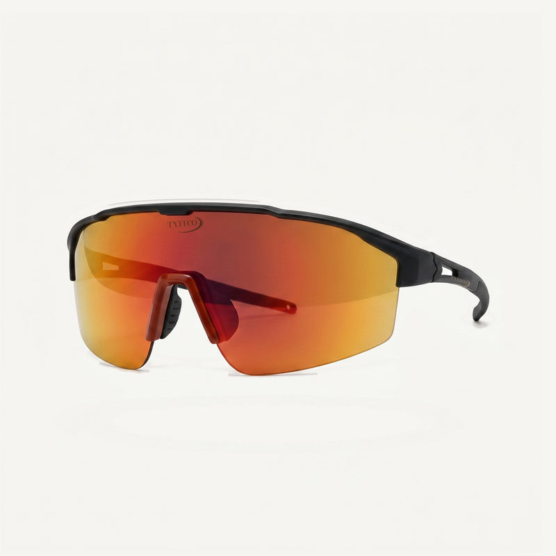Tyffco Slim orange sunglasses, three-quarter view, studio on off-white background.