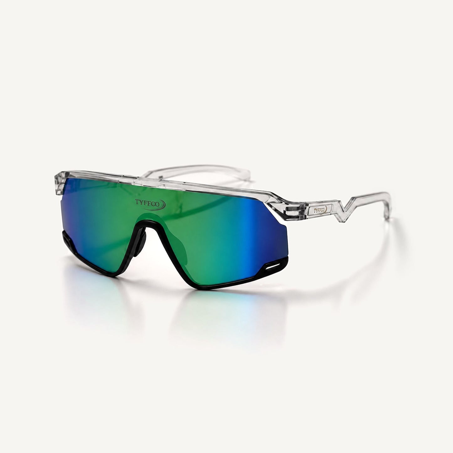 Tyffco Sport sunglasses in Green, three-quarter view, studio on off-white background.