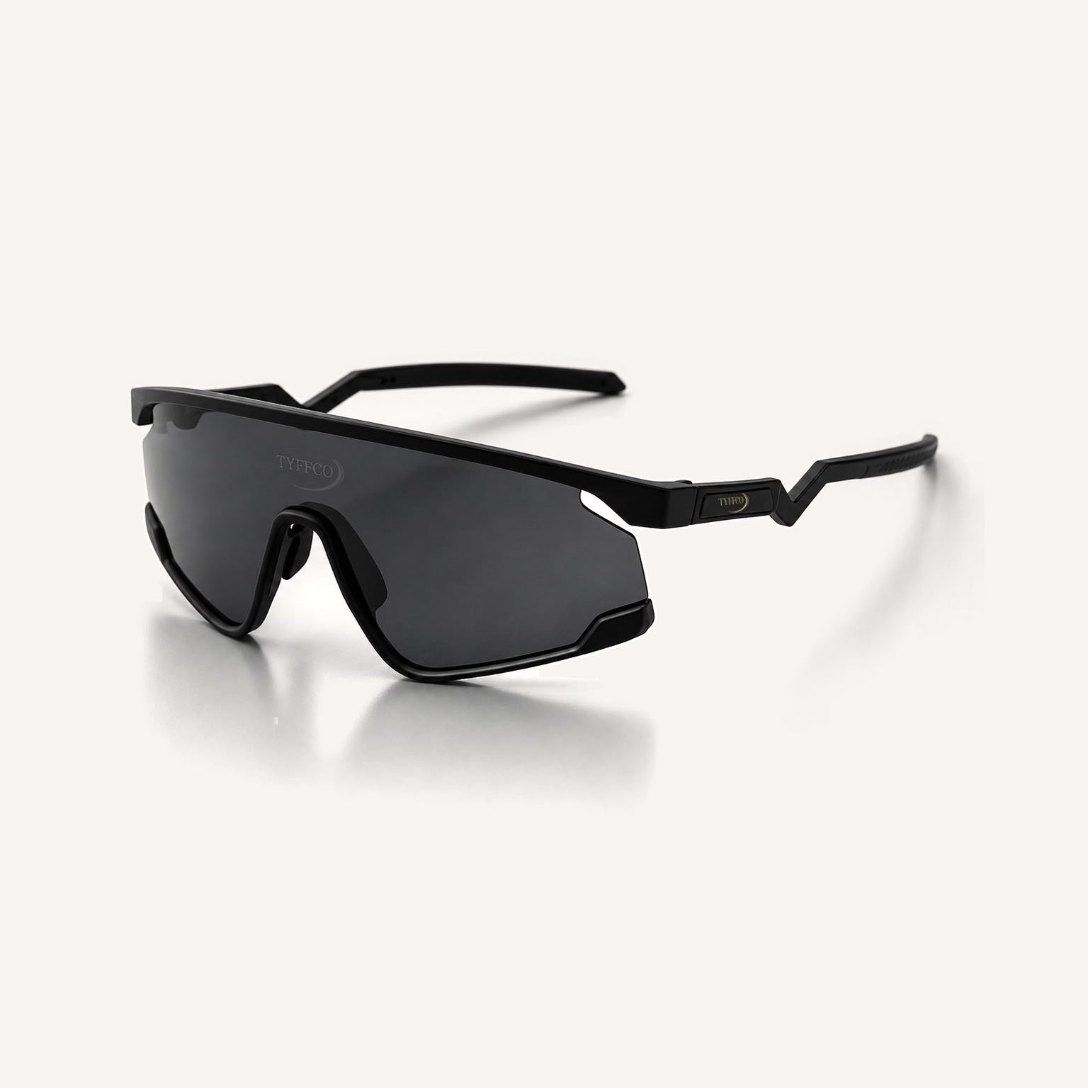 Tyffco Sport sunglasses in Black, three-quarter view, studio on off-white background.
