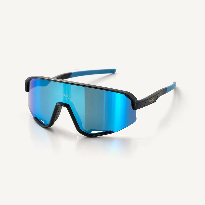 Tyffco Sprint sunglasses in Blue, three-quarter view, studio on off-white background.