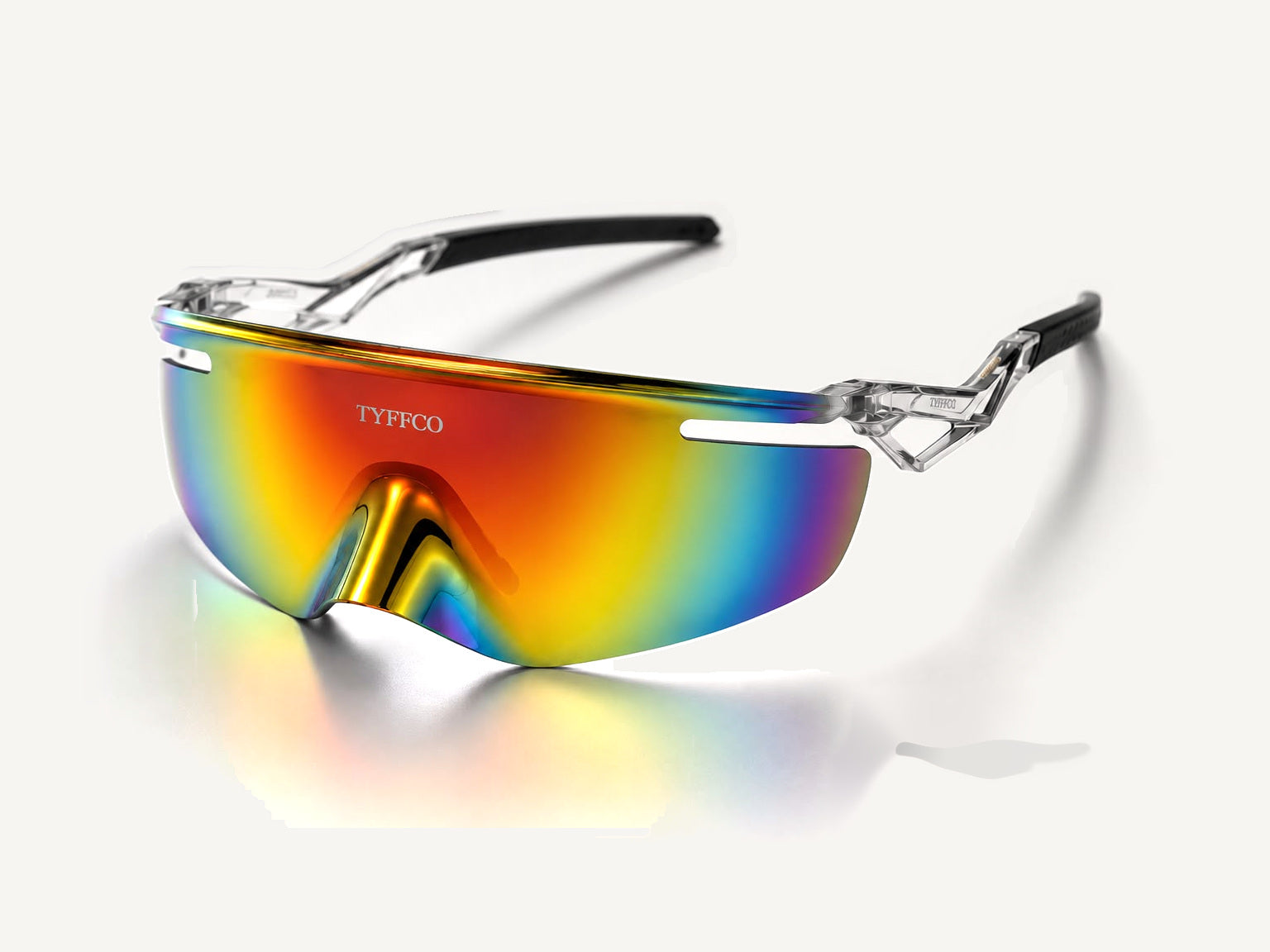 Tyffco Velocity sunglasses in Crystal, studio on off-white background.