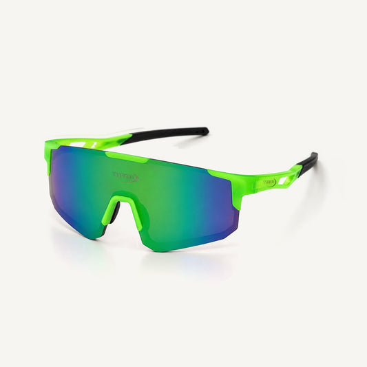 Tyffco Velocity sunglasses in Green, three-quarter view, studio on off-white background.