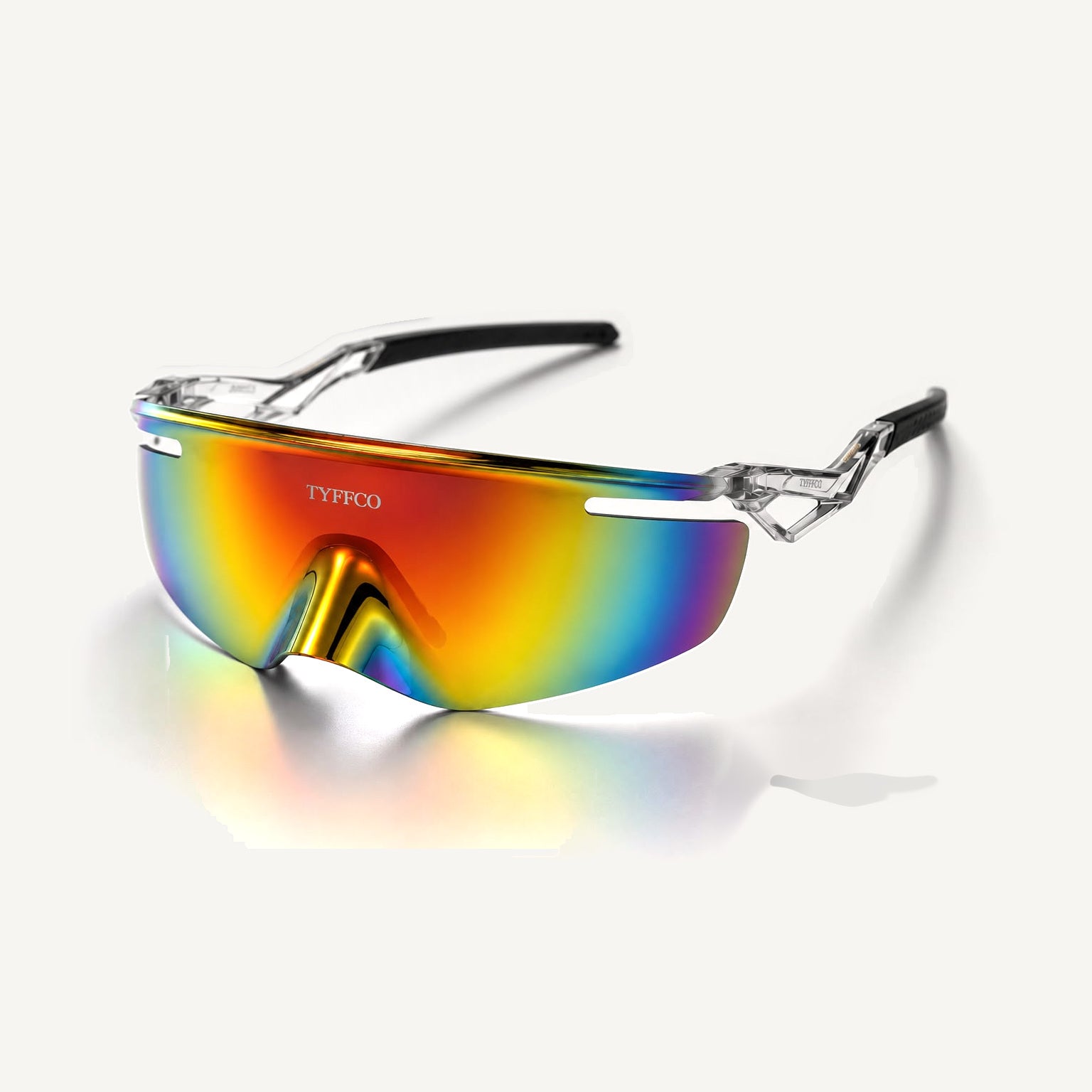 Tyffco Velocity sunglasses in Crystal, three-quarter view, studio on off-white background.