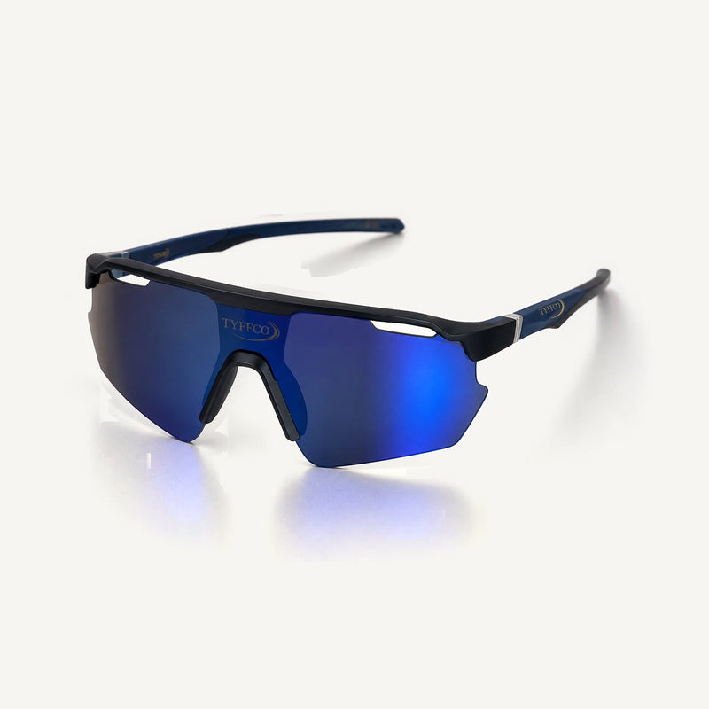 Tyffco Vittorio sunglasses in Blue, three-quarter view, studio on off-white background.